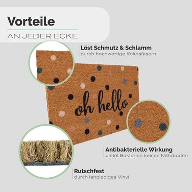 Килимок для дверей Entrando з кокосового волокна 40x60 см - 20 стильних дизайнів - для зовнішнього використання, міцний, нековзний - ідеально підходить для закритих вхідних дверей (крапки та Oh Hello) Oh Hello 40 x 60 см