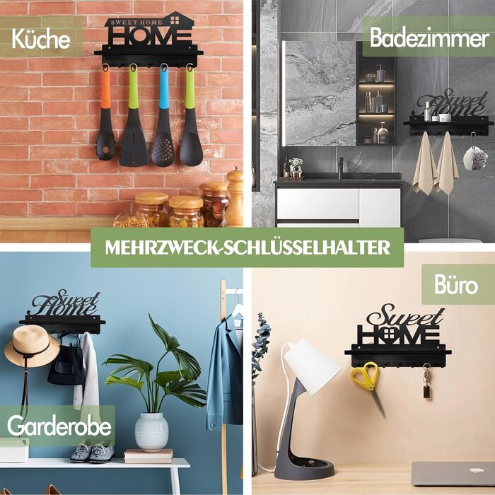 Ключниця з поличкою без свердління чорна, Ключниця сучасна, Ключниця настінна з 7 гачками для ключів і вішалкою, Ключниця для прик