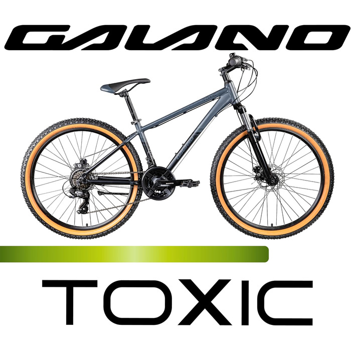 Гірський велосипед Galano Toxic 26 дюймів від 145 см для жінок, чоловіків, дівчат, хлопців з 21 передачею, амортизаційною вилкою та дисковими гальмами, гірський хардтейл, унісекс, чорний, 36 см