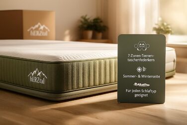 Зонний пружинний матрац кишенькової форми 90x200 см висота 18 см, універсальний, точково-еластичний та повітропроникний, літня/зимова сторона, знімний чохол, який можна прати (60C), сертифікований 90 x 200 см, 7-