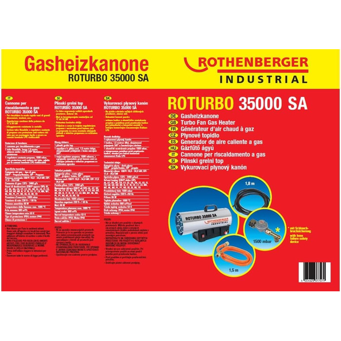 Промисловий газовий обігрівач/нагрівальна гармата Rothenberger з п&39єзоелементом, шлангом, регулятором, захистом від розриву шланга RoTurbo 35000SA 1000C Регульований Включає Bluetooth-динамік, час роботи до 30 годин RoTurbo 35000 з регульованою функцією