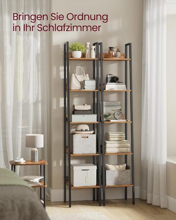 Книжкова полиця VASAGLE, драбина, 5 ярусів, вузька полиця, відкрита окремостояча полиця для кабінету, вітальні, спальні, кухні, промисловий дизайн, вінтажний коричневий-чорний LLS109B01 Вінтажний коричневий чорний 5 полиць (30 x 33,8 x 170 см)