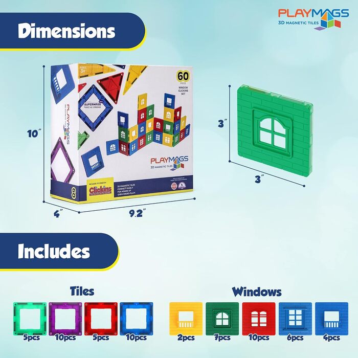 Магнітний конструктор Playmags 3D (60 деталей) набір для будівництва з 30 віконними рамами та 30 вставками STEM-іграшка для розвитку творчості та мозкової діяльності