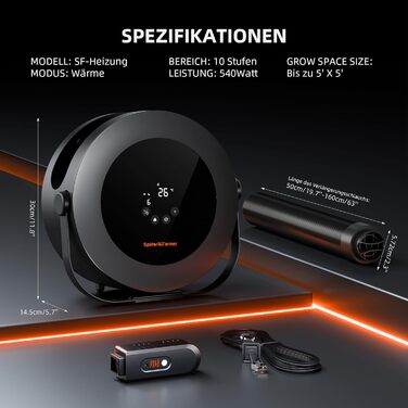 Тепловентилятор Spider Farmer, обігрів 540 Вт, інтелектуальне керування температурою, енергозбереження, тихий, 4 режими та 24-годинний таймер, нагрівальний елемент 10 PTC та вентиляційна трубка, підходить для кімнат з рослинами та гроутентів