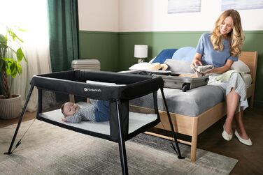 Дитяче ліжечко Kinderkraft CAMI 3-в-1, дорожнє ліжечко для малюків від народження до 3 років, функція манежу, легке компактне складання, дорожній рюкзак у комплекті, два рівні, чорний