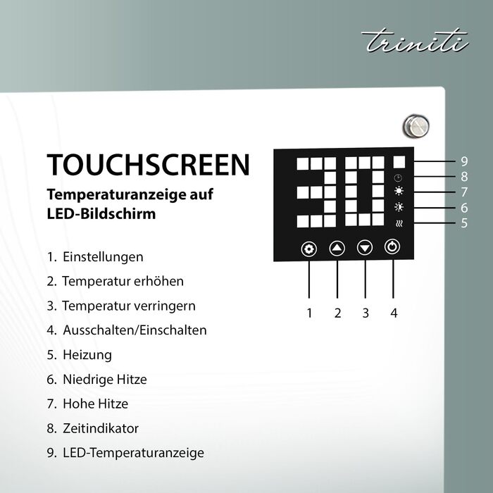 Електричний обігрівач TRINITI, конвекторний обігрівач з термостатом до 2000 Вт, елегантне загартоване скло, світлодіодний дисплей, таймер, тонкий та тихий, захист від перекидання та перегріву, коліщатка, настінний, БІЛИЙ