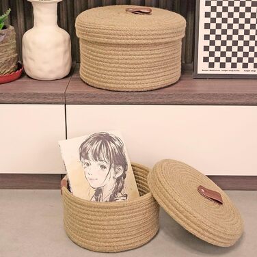 Кошик з джутової мотузки з кришкою, Декоративні плетені кошики з кришкою, Круглий кошик зі шкіряною ручкою та кришкою, Маленький кошик з кришкою, Кошики для зберігання з кришкою Комплект з 2 шт. (22x14 см/19x11 см) 22x14 см/19x11 см Джут