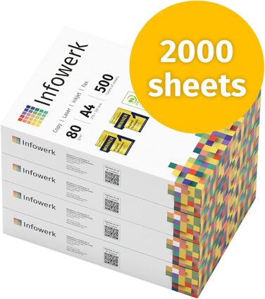 Папір для принтера, папір для копіювання, 2000 аркушів, 4 x 500 A4, 80 г, преміум-класу, яскраво-білий, CIE 160, переможець випробувань, сертифікований PEFC