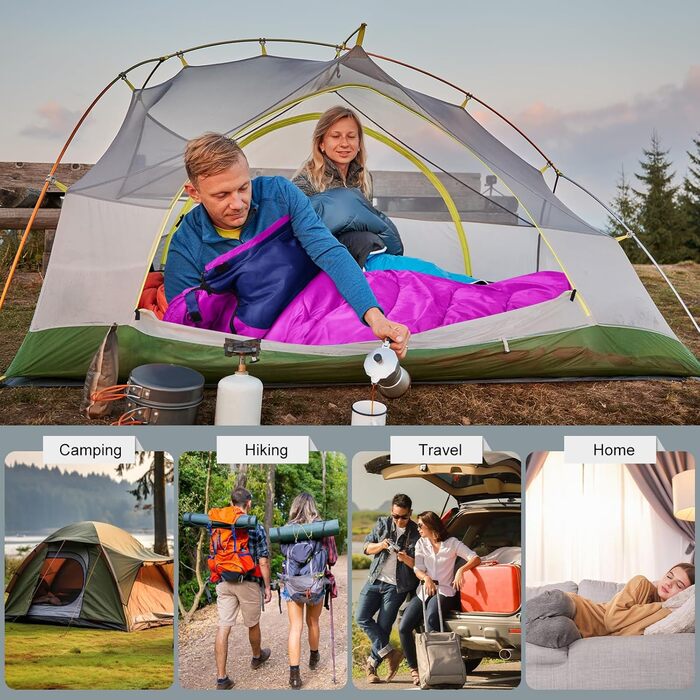 Легкий та компактний спальний мішок для дорослих та дітей, 3-4 сезони, легкий та компактний спальний мішок для походів, прямокутний кемпінговий спальний мішок з кишенею, рожево-червоний темно-синій