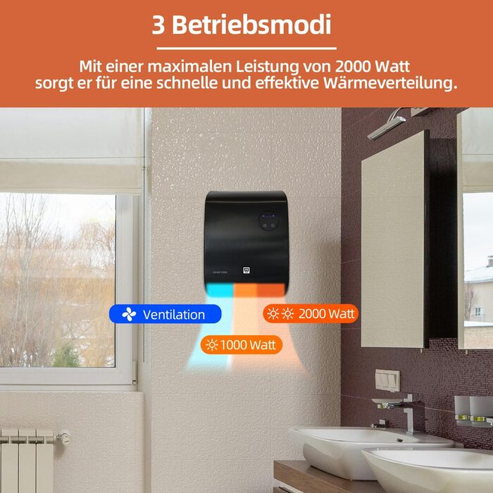 Вентиляторний обігрівач для ванної кімнати SHX 2000 Вт Термостат з пультом дистанційного керування Водонепроникний Безпечний для використання у ванній кімнаті, чорний