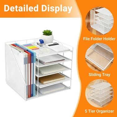 Настільний органайзер з тримачами для файлів, 5-ярусний сітчастий тримач для файлів, сітчастий офісний органайзер, настільний органайзер та місце для зберігання канцелярського приладдя, лоток для документів A4, білий