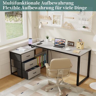 Стіл Devoko L-подібної форми з розетками та USB-портами, ігровий стіл 140 см з полицями, кутовий комп'ютерний стіл, домашній офіс,