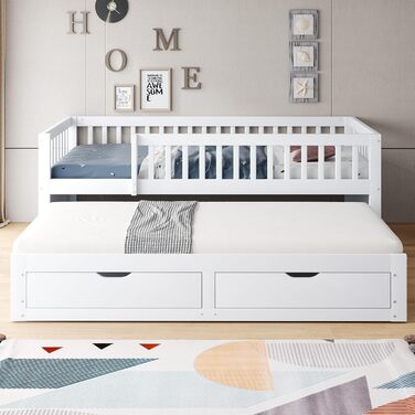 Дитяче ліжко 90x200 диван-ліжко з масиву дерева з висувним ліжком та шухлядами, багатофункціональне ліжко, кушетка, гостьове ліжко з місцем для зберігання речей, дитяче ліжко, каркас ліжка із захистом від падіння та рейковою основою, без матраца, біле. Бі