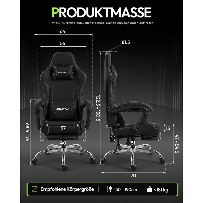 Ігрове крісло Dowinx, офісне крісло, масажне ігрове крісло з регульованими по висоті підлокітниками, ергономічне ігрове крісло з підставкою для ніг, м&39яке ігрове крісло, кут нахилу 150, вагу до 180 кг, чорний колір