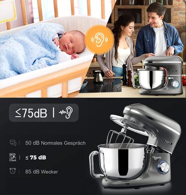 Кухонний комбайн Fentic - 2000 Вт - Чаша для змішування з нержавіючої сталі (6.2 л) - Тістомісильна машина з гачком для змішування, гачком для тіста, віночком і захистом від бризок - включаючи захисний чохол і додаткові аксесуари - Антрацит