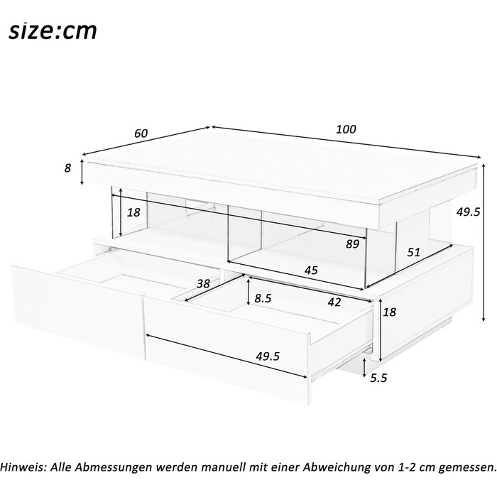 Глянцевий журнальний столик Merax зі світлодіодним підсвічуванням, сучасний стіл для вітальні з висувними ящиками для зберігання, багатофункціональний бічний столик для вітальні, прямокутний центральний стіл, столик-диван, журнальний столик, офісний, чорн