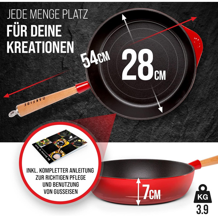Чавунна сковорода Oakfire сковорода сотейник сковорода емальована 28см індукційна чавунна з антипригарною патиною, емаль. (червона