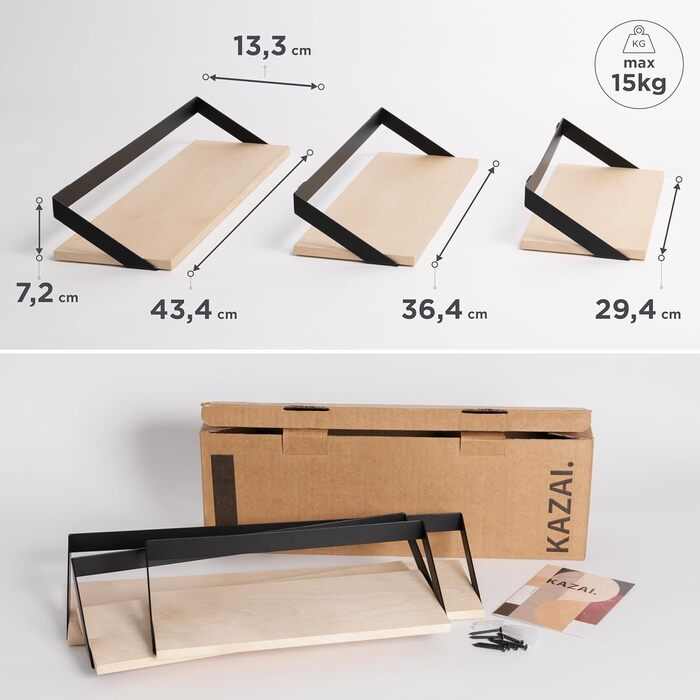 Набір настінних полиць -Finn- Підвісні полиці з металу та шпону натурального дерева Оздоблення стін та зберігання для ванної, віта