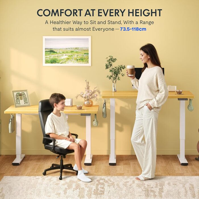 Стіл FlexiSpot з регульованою висотою Basic з організацією кабелів, гачками та цільною стільницею, ергономічний стіл для домашнього офісу, офісний стіл (120x60 см, клен) 120 x 60 см клен біла рама