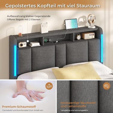 М&39яке ліжко 140x200 з розетками та світлодіодним освітленням, двоспальне ліжко 140x200 з узголів&39ям для зберігання та гідравлічним відділенням для зберігання, каркас ліжка з рейковою основою, дитяче ліжко, льон, без матраца, темно-сірий 140x200 см тем