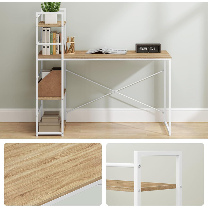 Сучасний письмовий стіл із полицею 120x44x120 см, дуб сонома/білий, 3 полиці, сталевий каркас, регульовані по висоті ніжки, комп&39ютерний стіл, домашній офіс, самостійне складання