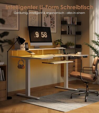 Подібний стіл OffiGo з регульованою висотою, електричний стіл для роботи сидячи/стоячи 140 см з підставкою для монітора, розетками та портом заряджання USB, стіл для роботи стоячи зі світлодіодним підсвічуванням, комп&39ютерний стіл для домашнього офісу, 