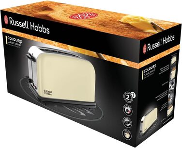 Тостер Russell Hobbs довгий слот для 2 скибочок / 1 широка скибочка хліба Кольори Крем з нержавіючої сталі (надзвичайно широкі отвори для тостів, включаючи насадку для булочки, 6 рівнів підрум'янювання функція розморожування, 1000 Вт)21395-56