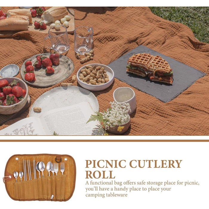 Набір посуду для кемпінгу Beavorty з рулоном столових приборів, портативні столові прибори з нержавіючої сталі для подорожей на відкритому повітрі з сумкою для зберігання, легкий посуд для пікніка для кемпінгу, походів та барбекю