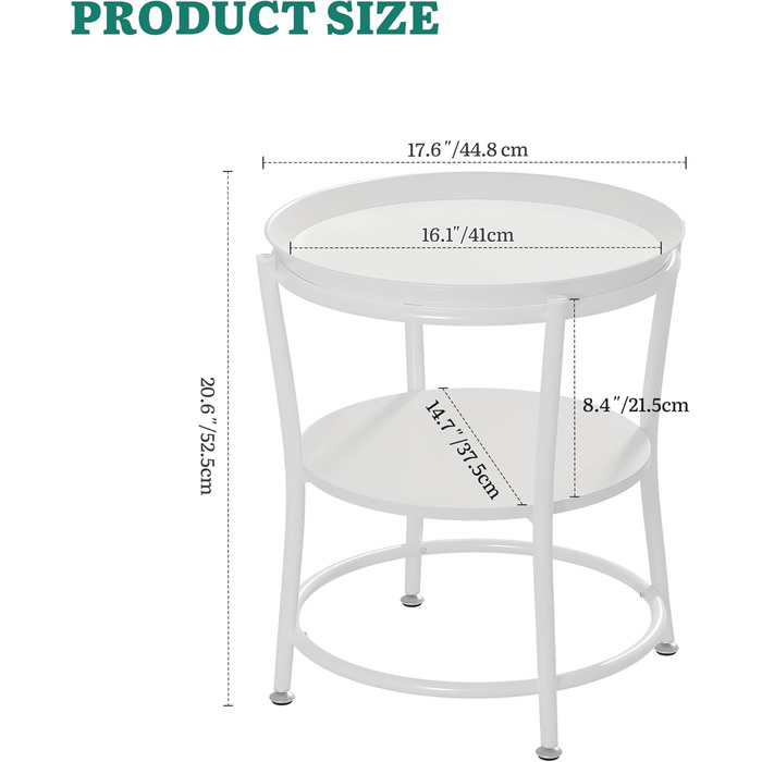 Круглий журнальний столик YITAHOME з двоярусним місцем для зберігання та знімним підносом, журнальний столик для вітальні, спальні або квартири, міцний журнальний столик, регульовані ніжки, білий, 45 x 45 x 53 см