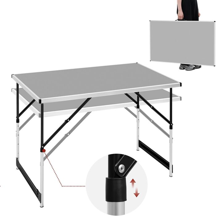 Кемпінговий стіл, розкладний стіл 100x60 см, стіл з регульованою висотою для обклеювання шпалерами, складний садовий стіл з алюмінію та МДФ для кемпінгу, саду, вечірок, ринків тощо, сірий