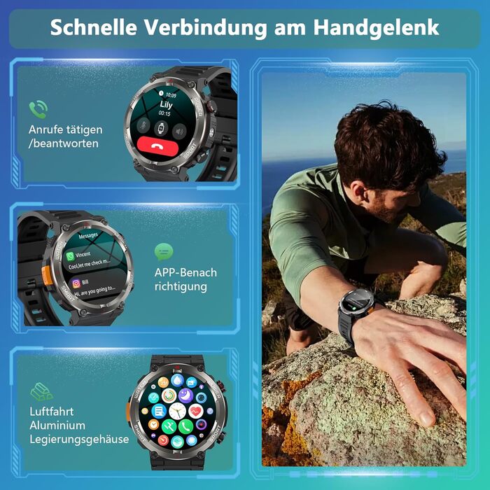 Військовий смарт-годинник для чоловіків, годинник для активного відпочинку на природі зі 100-денним часом автономної роботи/дзвінки через Bluetooth/ліхтарик/компас/пульсометр/монітор сну SpO2/100 спортивних режимів, фітнес-трекер/2 браслети/IP68, годинник