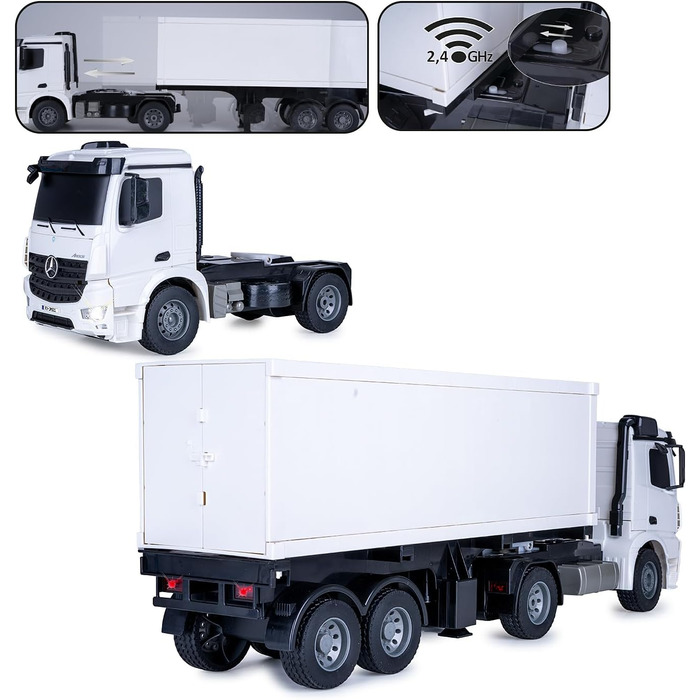 Радіокерований тягач Mercedes Benz Arocs 120, 2.4G, 2 швидкості, до 6 км/год, до 30 хв роботи, знімний напівпричіп та контейнер, двері відчиняються, 405148