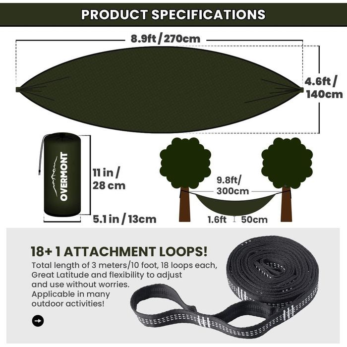 Двошаровий гамак Overmont з москітною сіткою TUV сертифікований вантажопідйомністю 400 кг Дихаючі гамаки для кемпінгу Подорожі Трекінг Сад Нейлоновий парашут 270x140см