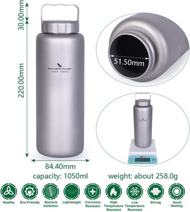 Мл титанова пляшка для кемпінгу, відкритого типу, посуд із широким горлом, легка портативна пляшка для води, велика пішохідна пляшка для пікніка, одношарова питна пляшка з ручкою Ti3006D 1050 мл з ручкою Ti3006d, 1050