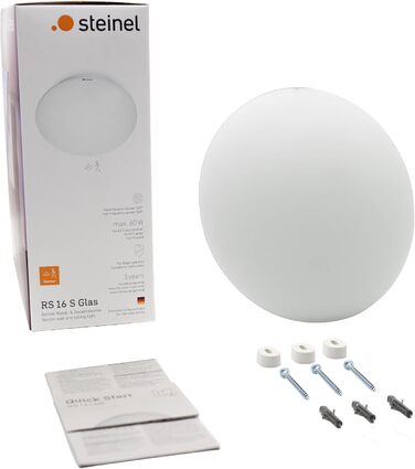 Стільовий LED-світильник Steinel RS 16 S з опаловим склом, білий, 9.3 Вт, настінний, з датчиком руху 360, радіус дії 3-8 м, 918 Лм, для коридору, скляний плафон