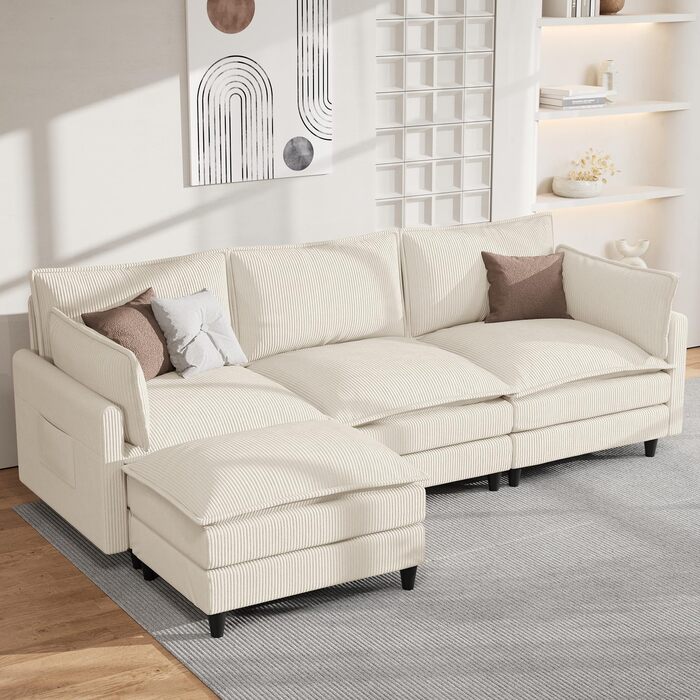 Диван APICIZON з функцією сну, диван &quotХмара&quot, L-подібний диван, кутовий диван - 275x132x80 см, XXL дивани, вельветовий розкладний диван для вітальні, бічна кишеня для журналів, бежевий 275 см - L бежевий