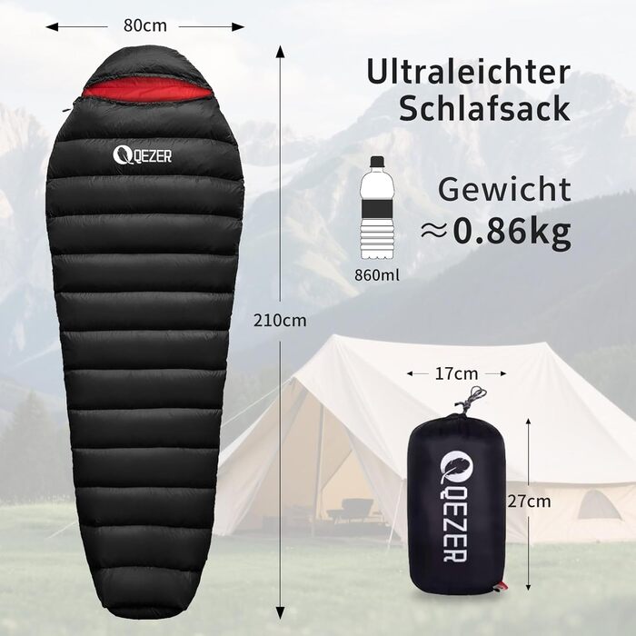 Пуховий спальний мішок, зимовий спальний мішок, наповнений качиним пухом щільністю 650. Сертифіковано RDS. Підходить для температур від 8C до -30C, ідеально підходить для кемпінгу та альпінізму. Чорний 8C