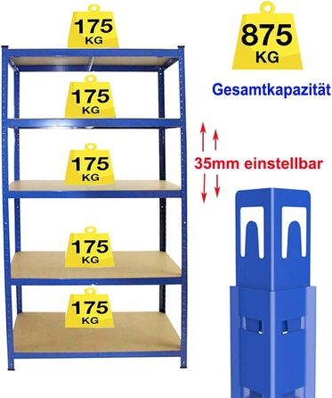 Міцний металевий стелаж 5 полиць з МДФ Вантажопідйомність до 875 кг 180 x 90 x 40 см (В x Ш x Г) Стелаж для гаража/майстерні, синій 180 x 90 x 40 см (В x Ш x Г)