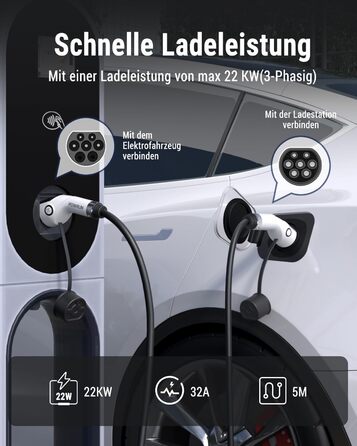 Зарядний кабель Powrun тип 2 22кВт 5м 32А з сумкою для перенесення, зарядний кабель електромобіля тип 2 3-фазний IP55 водонепроник