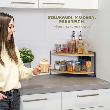 Кутова полиця для спецій eluno з бамбуковими полицями та захистом від подряпин, окремостояча кутова полиця для кухні, універсальний органайзер для більшого простору та порядку - комбінація матеріалів бамбук та метал (чорний)