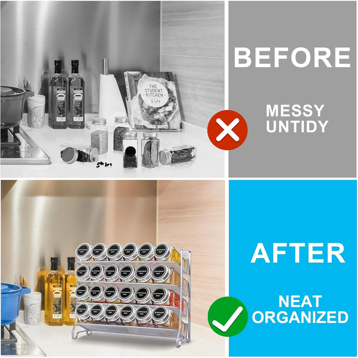 Стійка для спецій, металева кухонна полиця, вміщує багато банок для спецій, органайзер для спецій для кухонної шафи, 24 пластикові банки для спецій, 80 етикеток, лійка та крейдяний маркер (сріблясто-сірий), 4T