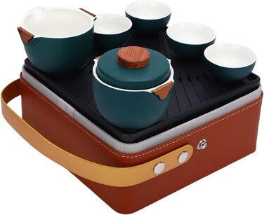 Набір для чаювання в стилі гунфу, преміальна кераміка, портативне зберігання, дорожній набір для чаю. Темно-зелений керамічний чайник з чашками та скринькою для чаю для подорожей, дому та офісу