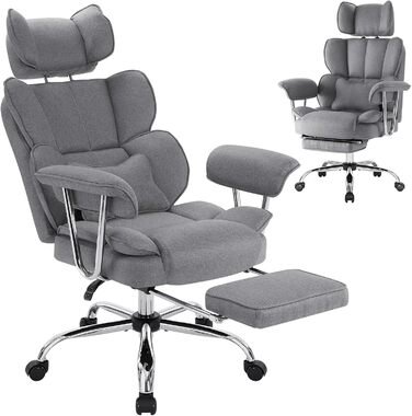 Ергономічне офісне крісло IWMH з підставкою для ніг та поперековою опорою, крісло керівника 200 кг XXL, обертове крісло з підлокітниками та підголівником, тканина з регульованою висотою (сірий колір)