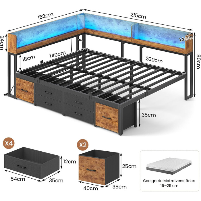 Ліжко 140x200 з місцем для зберігання речей, диван-ліжко з вбудованою книжковою полицею та 6 шухлядами, дитяче ліжко зі світлодіодним освітленням та зарядною станцією, гостьове ліжко, кушетка, каркас ліжка з рейковою основою (вінтажний коричневий, 140x200