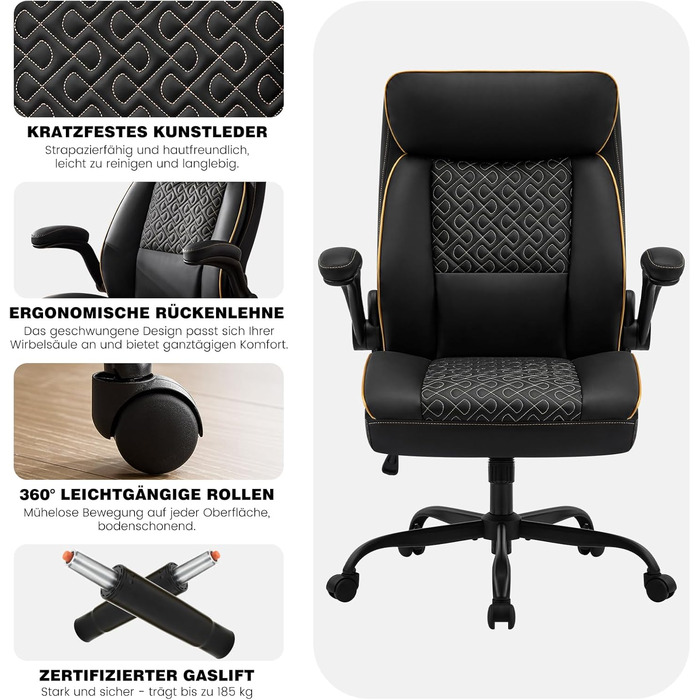 Офісне крісло для керівника Hellove, вантажопідйомність 185 кг, ергономічне робоче крісло зі штучної шкіри з регульованою спинкою та складними підлокітниками, обертове крісло з підголівником, комп&39ютерне крісло, крісло для домашнього офісу, чорне