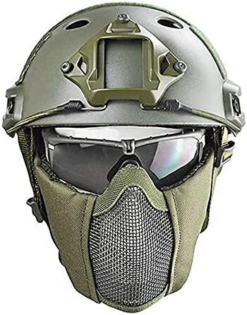 Шолом для пейнтболу PJ Airsoft Fast зі складними засобами захисту вух, маскою з напівсталевої сітки та комплектом захисних окулярів OD