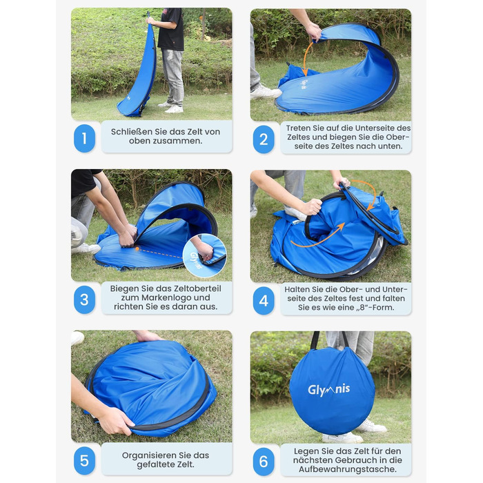 Пляжний навіс Glymnis з дверима на блискавці, захист від ультрафіолету 50, вітрозахисний, невеликий розмір у упаковці, синій, для 1-2 осіб