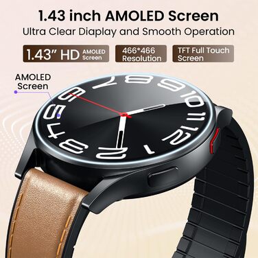 Чоловічий смарт-годинник з ЕКГ HDR монітором артеріального тиску смарт-годинник 1,43 дюйма круглий AMOLED шкіряний ремінець наручний годинник водонепроникний монітор серцевого ритму крокомір функція телефону фітнес-годинник Android iOS коричневий