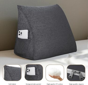 Трикутна клиноподібна подушка - Зручна лляна спинна подушка для читання або сидіння, універсальна опорна подушка для дивана, ліжка та відпочинку (Ma Grey, 45x20x35 см) Ma Grey 45x20x35 см