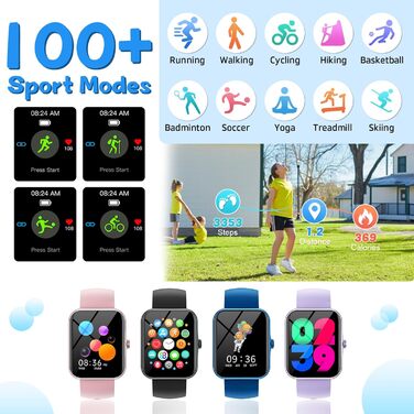 Дитячий смарт-годинник, дитячий спортивний фітнес-годинник для дівчаток та хлопчиків з крокоміром, понад 100 спортивних режимів, будильник, ігри, секундомір, дитячий годинник, повідомлення, годинник активності для підлітків 5-16 років, подарунки, чорний